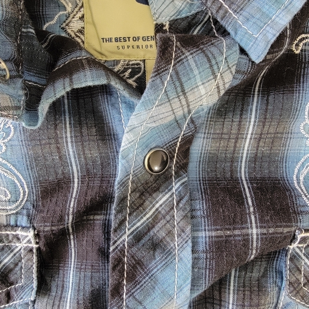 Supply Company USA Blue Plaid Affliction Style Black Pearl Snap Shirt Size L - Picture 7 of 12